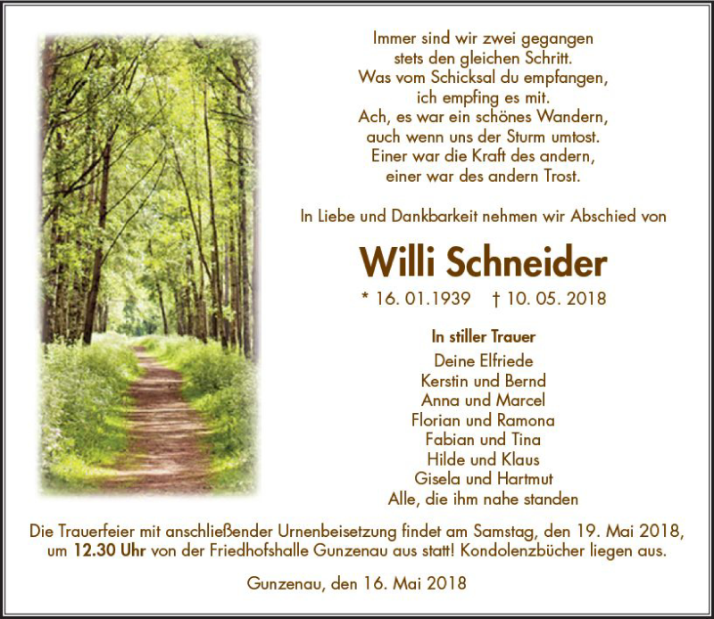  Traueranzeige für Willi Schneider vom 16.05.2018 aus VRM Trauer