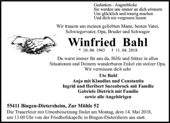 Traueranzeige von Winfried Bahl von Trauerportal Rhein Main Presse