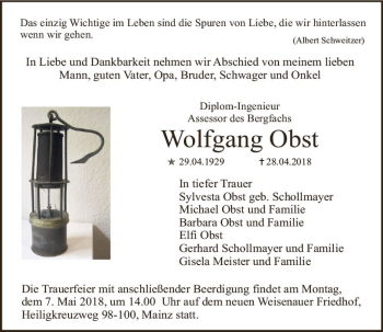 Traueranzeige von Wolfgang Obst von Trauerportal Rhein Main Presse