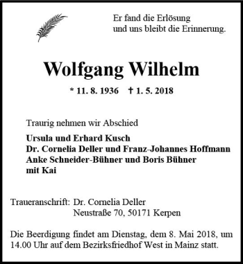 Traueranzeige von Wolfgang Wilhelm von Trauerportal Rhein Main Presse