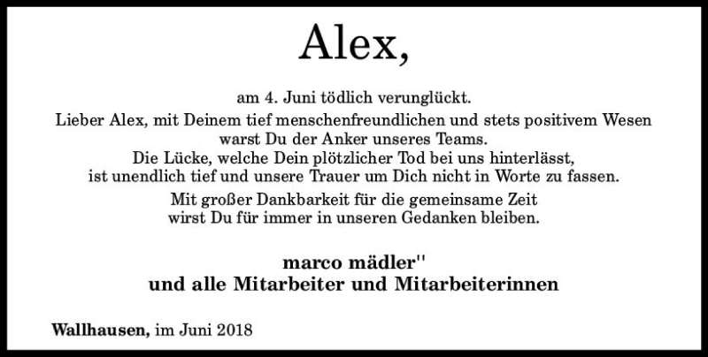  Traueranzeige für Alex  vom 16.06.2018 aus Trauerportal Rhein Main Presse