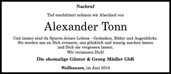 Traueranzeige von Alexander Tonn von Trauerportal Rhein Main Presse