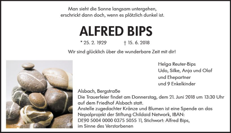  Traueranzeige für Alfred Bips vom 19.06.2018 aus Trauerportal Rhein Main Presse