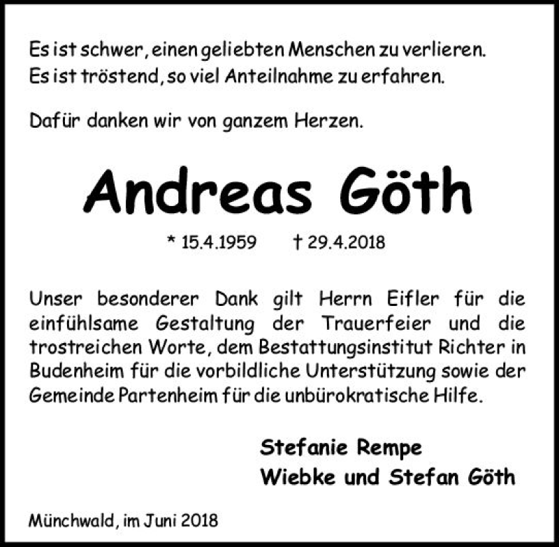  Traueranzeige für Andreas Göth vom 16.06.2018 aus Trauerportal Rhein Main Presse