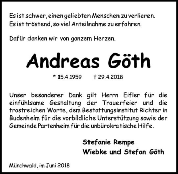 Traueranzeige von Andreas Göth von Trauerportal Rhein Main Presse