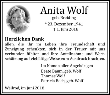 Traueranzeige von Anita Wolf von  Usinger Anzeiger