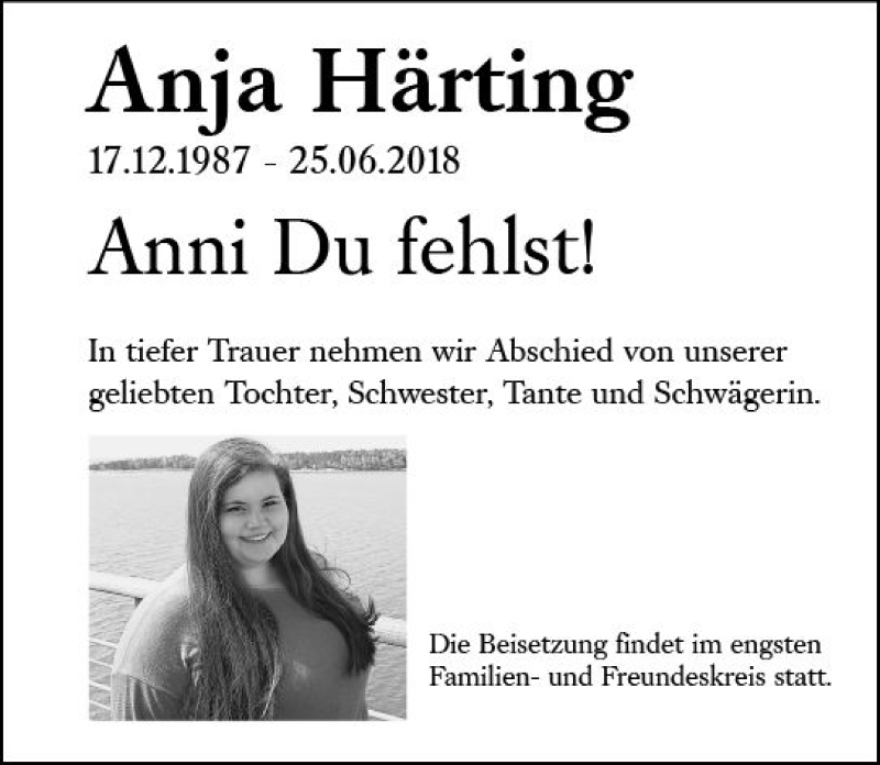  Traueranzeige für Anja Härting vom 30.06.2018 aus Trauerportal Rhein Main Presse