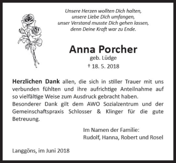 Traueranzeige von Anna Porcher von  Gießener Anzeiger