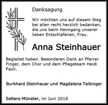 Traueranzeige von Anna Steinhauer von  Camberger Anzeiger