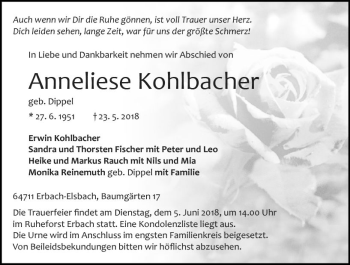Traueranzeige von Anneliese Kohlbacher von Trauerportal Rhein Main Presse