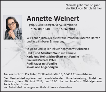 Traueranzeige von Annette Weinert von Trauerportal Rhein Main Presse