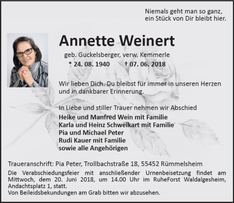  Traueranzeige für Annette Weinert vom 16.06.2018 aus Trauerportal Rhein Main Presse