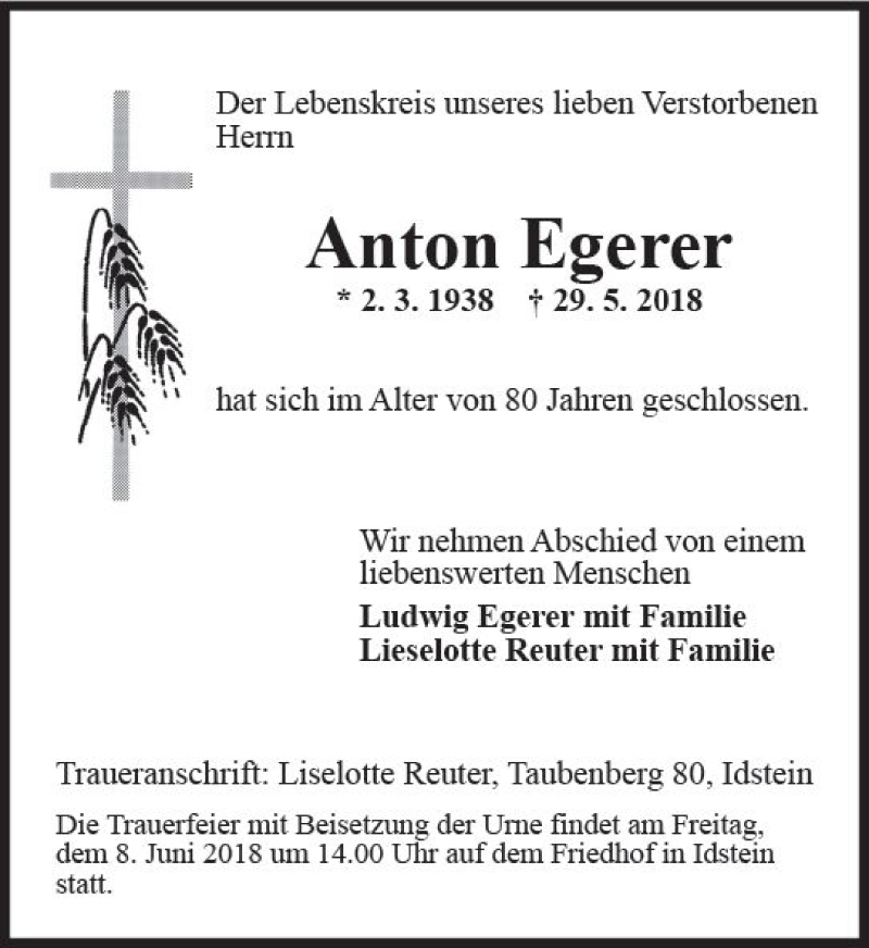  Traueranzeige für Anton Egerer vom 02.06.2018 aus Trauerportal Rhein Main Presse