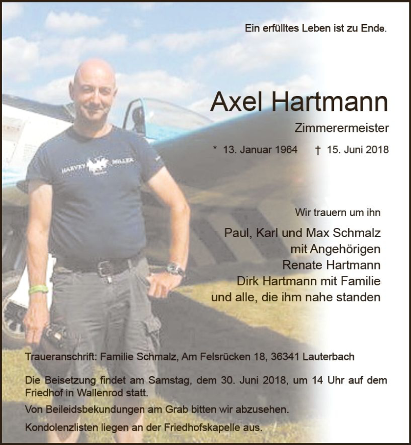  Traueranzeige für Axel Hartmann vom 28.06.2018 aus VRM Trauer