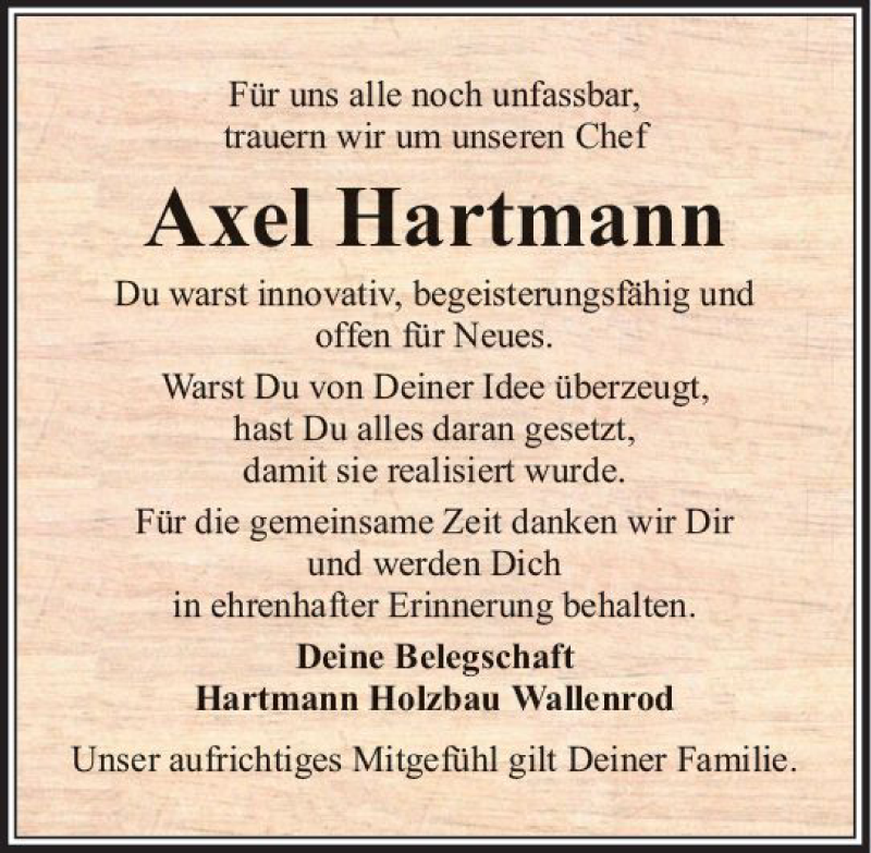  Traueranzeige für Axel Hartmann vom 27.06.2018 aus VRM Trauer