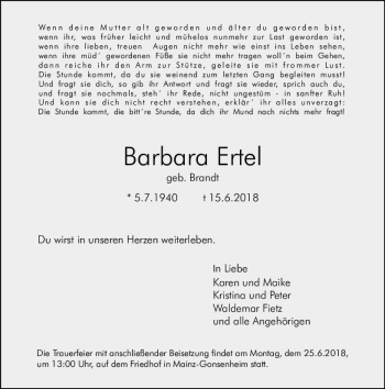 Traueranzeige von Barbara Ertel von Trauerportal Rhein Main Presse