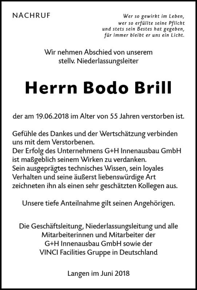  Traueranzeige für Bodo Brill vom 29.06.2018 aus Trauerportal Rhein Main Presse