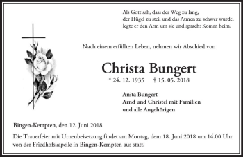 Traueranzeige von Christa Bungert von Trauerportal Rhein Main Presse