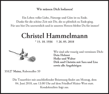 Traueranzeige von Christel Hammelmann von Trauerportal Rhein Main Presse