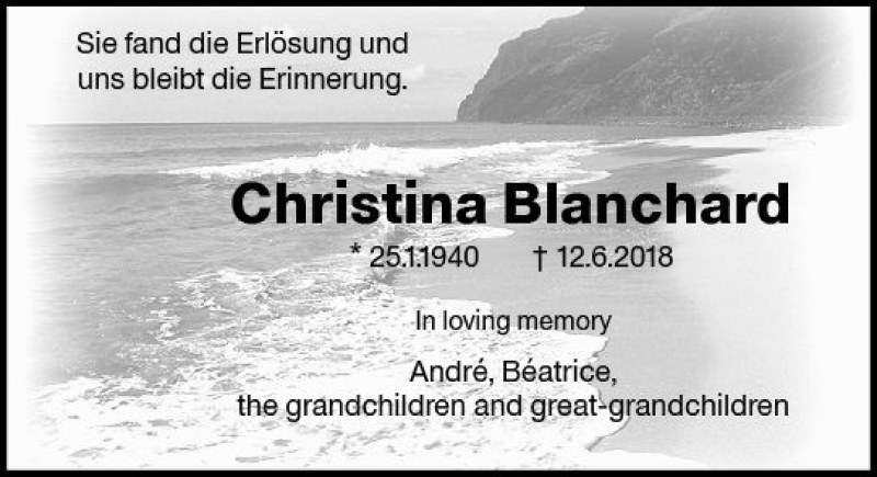 Traueranzeige für Christina Blanchard vom 16.06.2018 aus Trauerportal Rhein Main Presse