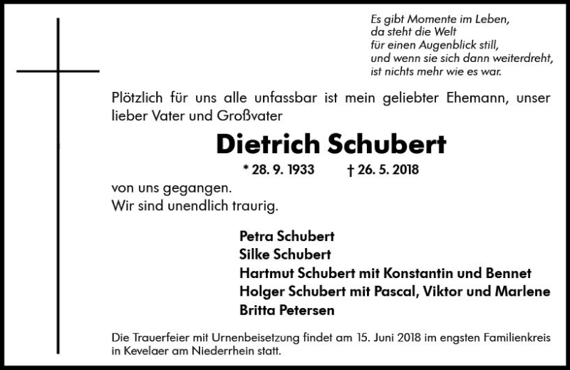  Traueranzeige für Dietrich Schubert vom 15.06.2018 aus Trauerportal Rhein Main Presse