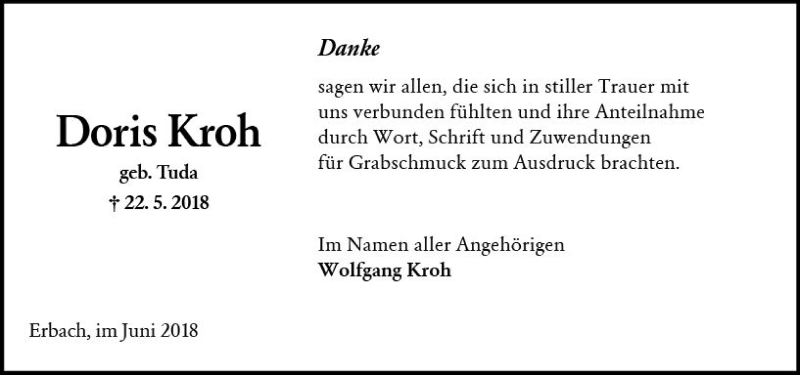  Traueranzeige für Doris Kroh vom 23.06.2018 aus Trauerportal Rhein Main Presse