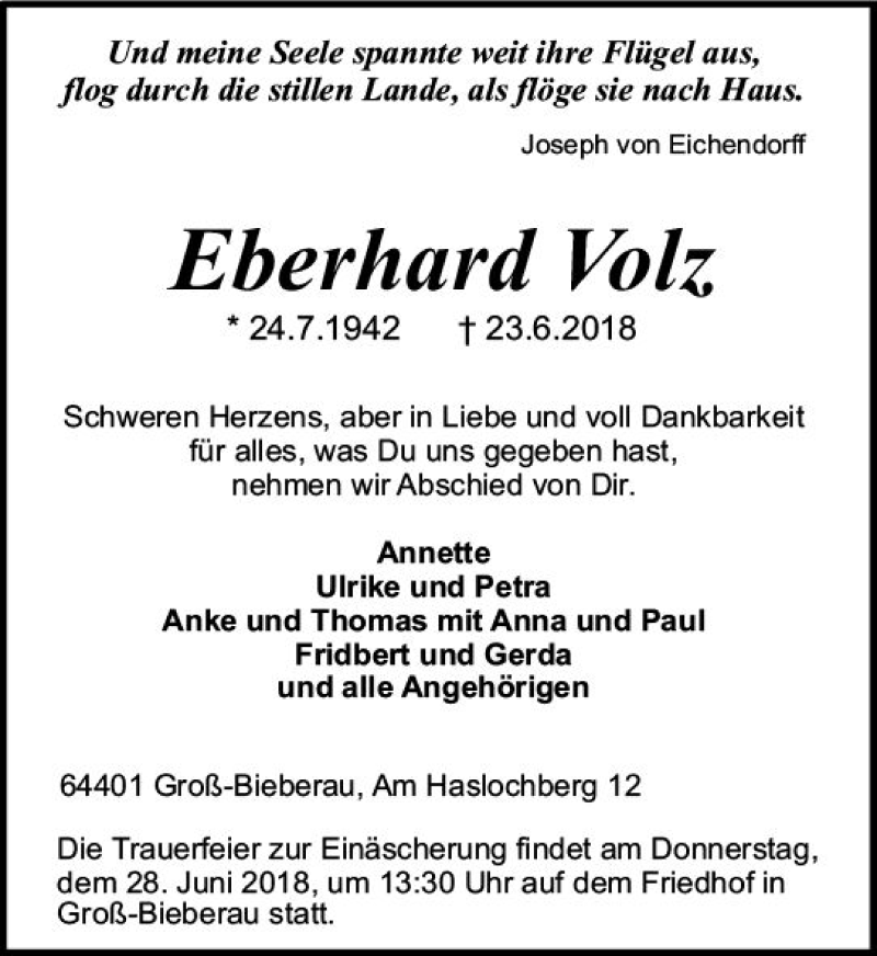  Traueranzeige für Eberhard Volz vom 26.06.2018 aus Trauerportal Rhein Main Presse