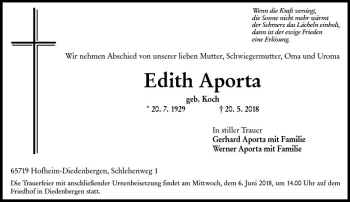 Traueranzeige von Edith Aporta von Trauerportal Rhein Main Presse
