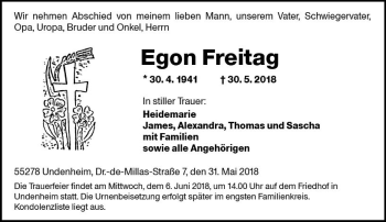 Traueranzeige von Egon Freitag von Trauerportal Rhein Main Presse