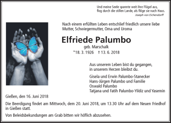 Traueranzeige von Elfriede Palumbo von  Gießener Anzeiger