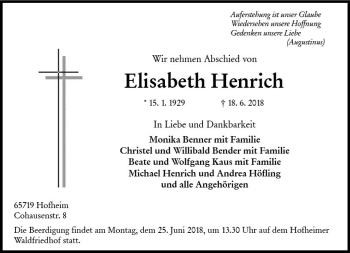 Traueranzeige von Elisabeth Henrich von Trauerportal Rhein Main Presse