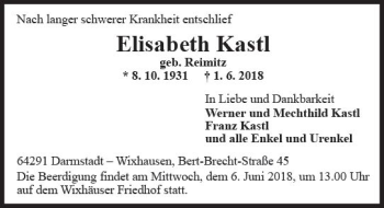 Traueranzeige von Elisabeth Kastl von Trauerportal Rhein Main Presse