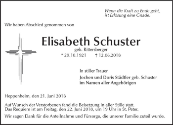 Traueranzeige von Elisabeth Schuster von Trauerportal Rhein Main Presse