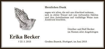 Traueranzeige von Erika Becker von  Gießener Anzeiger
