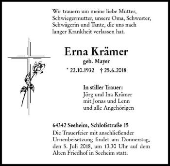 Traueranzeige von Erna Krämer von Trauerportal Rhein Main Presse