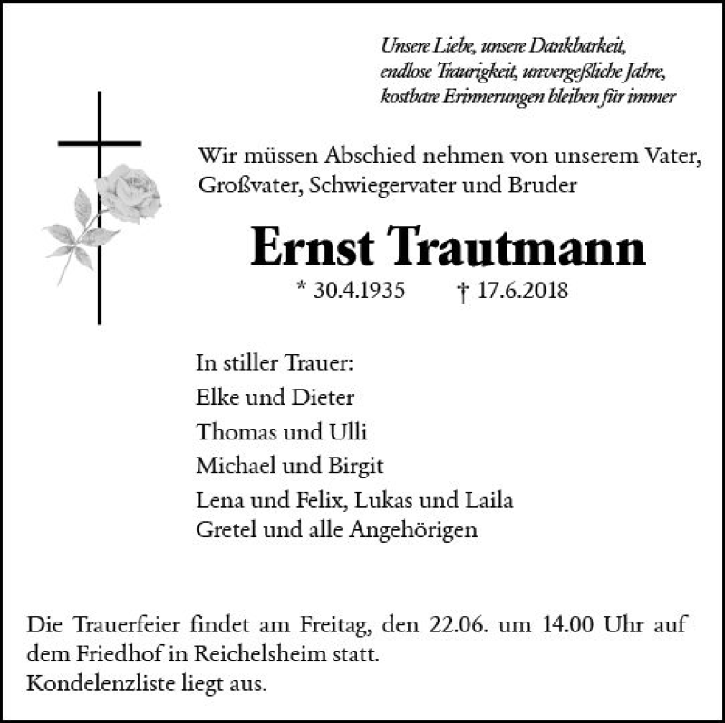  Traueranzeige für Ernst Trautmann vom 20.06.2018 aus Trauerportal Rhein Main Presse