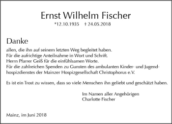 Traueranzeige von Ernst Wilhelm Fischer von Trauerportal Rhein Main Presse