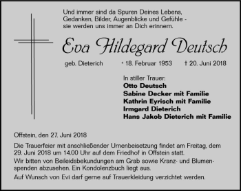 Traueranzeige von Eva Hildegard Deutsch von Trauerportal Rhein Main Presse