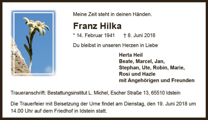  Traueranzeige für Franz Hilka vom 16.06.2018 aus Trauerportal Rhein Main Presse
