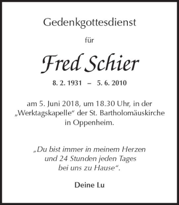 Traueranzeige von Fred Schier von Trauerportal Rhein Main Presse