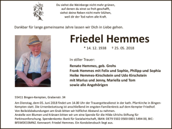 Traueranzeige von Friedel Hemmes von Trauerportal Rhein Main Presse