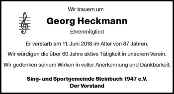 Traueranzeige von Georg Heckmann von Trauerportal Rhein Main Presse