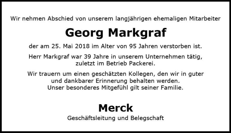  Traueranzeige für Georg Markgraf vom 15.06.2018 aus Trauerportal Rhein Main Presse
