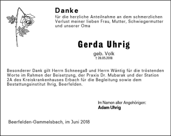 Traueranzeige von Gerda Uhrig von Trauerportal Rhein Main Presse