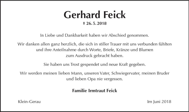  Traueranzeige für Gerhard Feick vom 20.06.2018 aus Trauerportal Rhein Main Presse