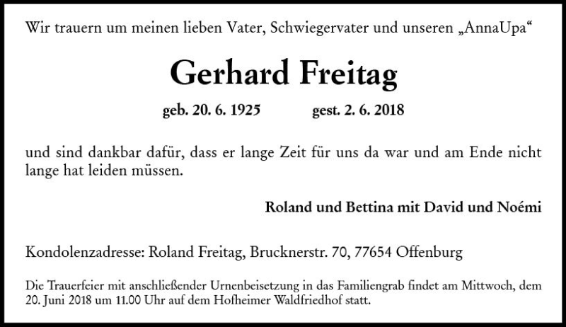  Traueranzeige für Gerhard Freitag vom 15.06.2018 aus Trauerportal Rhein Main Presse