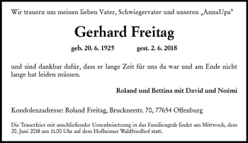 Traueranzeige von Gerhard Freitag von Trauerportal Rhein Main Presse