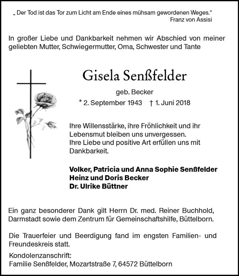  Traueranzeige für Gisela Senßfelder vom 08.06.2018 aus Trauerportal Rhein Main Presse