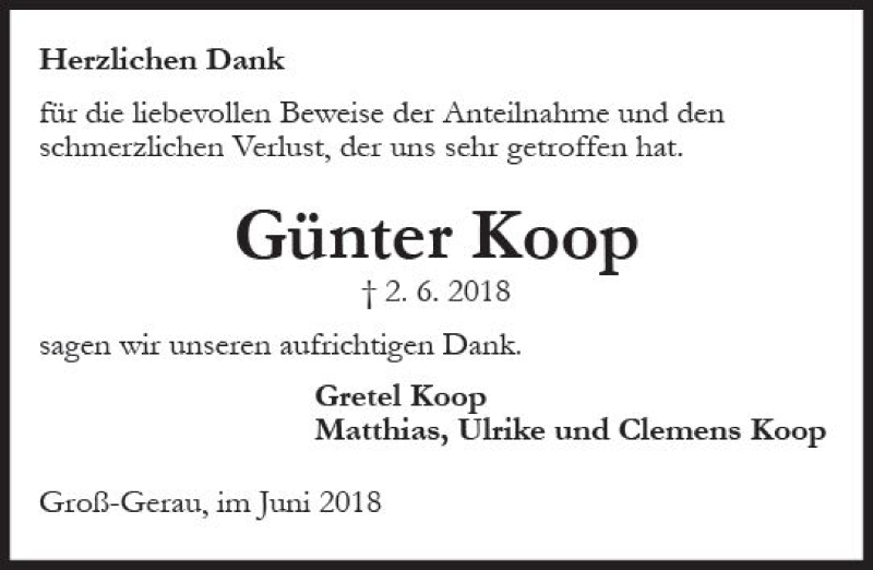  Traueranzeige für Günter Koop vom 23.06.2018 aus Trauerportal Rhein Main Presse
