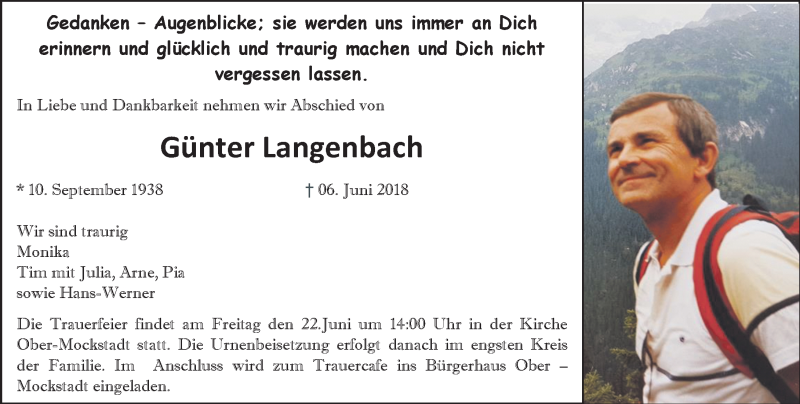  Traueranzeige für Günter Langenbach vom 16.06.2018 aus  Kreisanzeiger